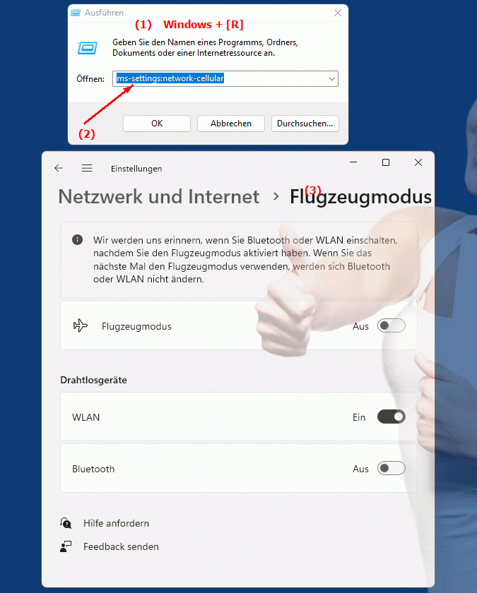 Windows Settings ms-settings:network-cellular Windows Einstellungen für Mobilfunknetz