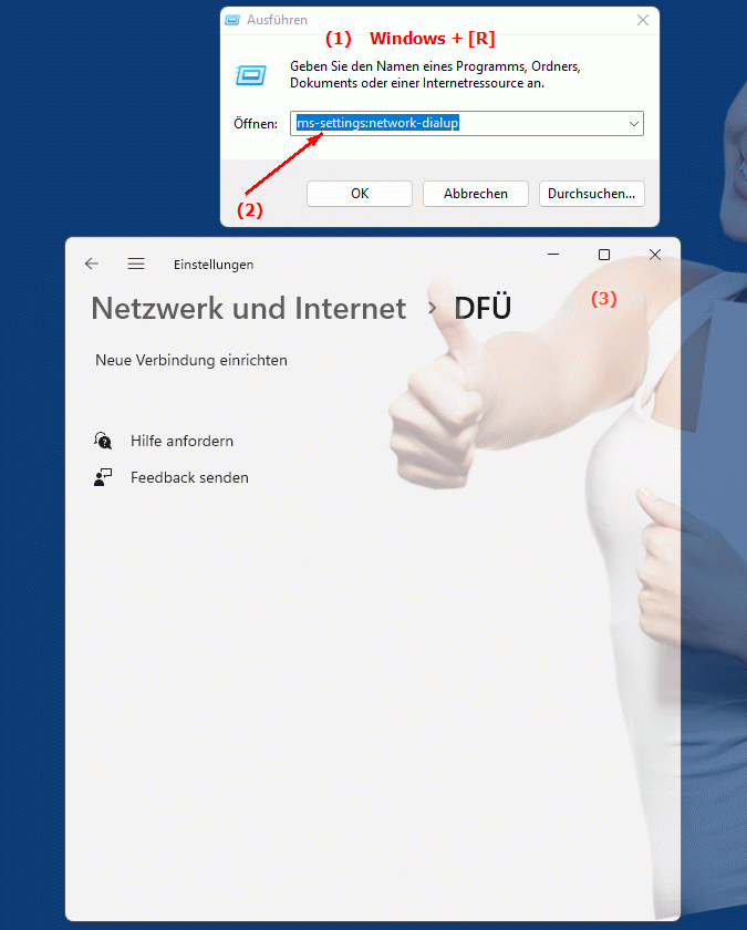 Windows Settings ms-settings:network-dialup Einstellungen für Netzwerkverbindungen, Internet- oder LAN-Verbindungseinstellungen