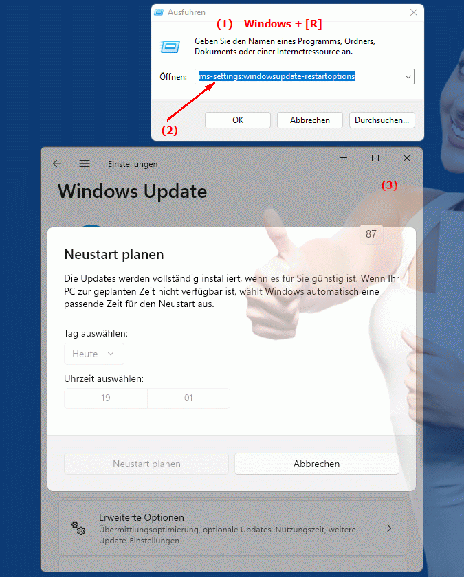 Windows Settings ms-settings:windowsupdate-restartoptions Neustartoptionen für Windows Updates